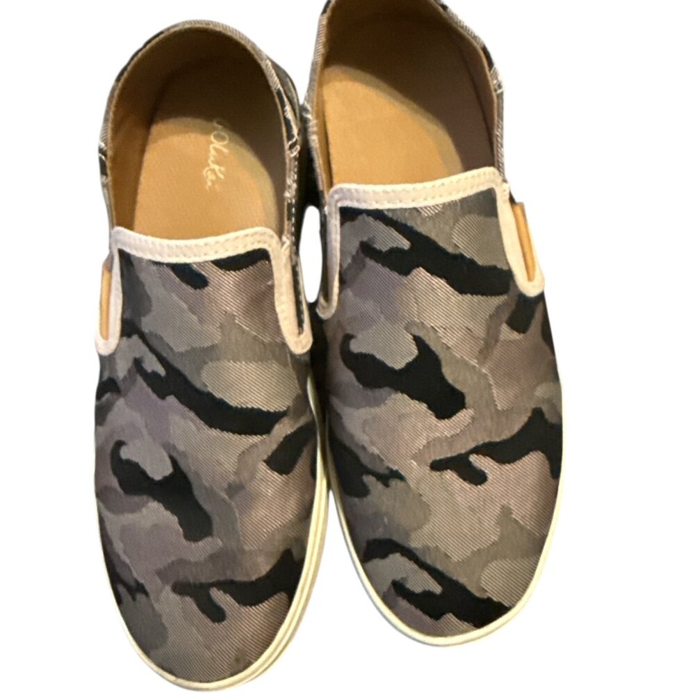 Olukai Pehua Shoes Womens Size 7.5 Black/Grey Camo Slip On - EUC